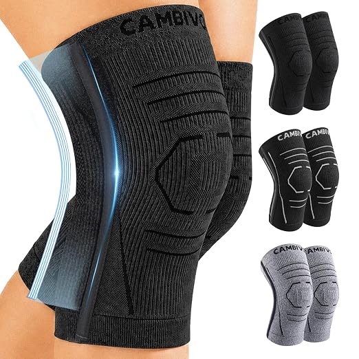 CAMBIVO 2 Pack Knee Brace for Women & Men, Latex Free & Silicone Free Compression Knee Sleeves with Side Stabilizers, Lightweight Knee Support for Arthritis, Meniscus, Walking, Running (Black, Small)