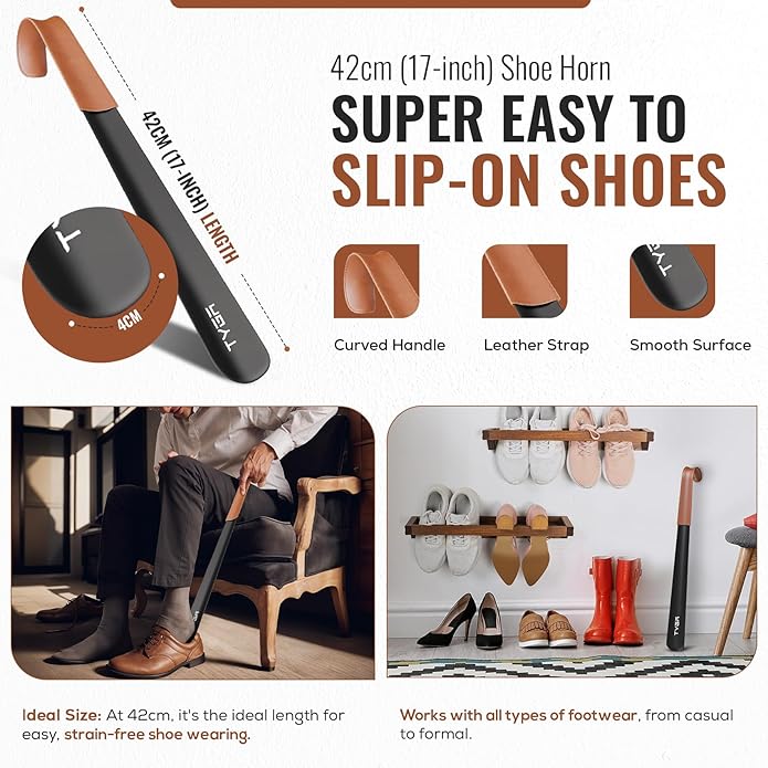 Metal Shoe Horn with Handle 42cm Long Shoe Horn with Leather Strap for Men Women Kids