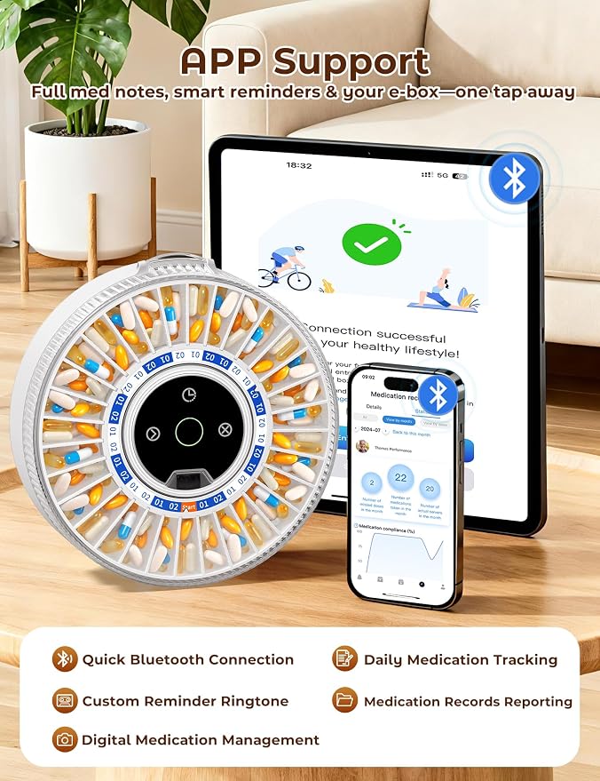 Betife Automatic Pill Dispenser for Elderly with Alarm – 31-Slots | Senior-Friendly,App Support,Fingerprint Unlock, Child-Proof,Bluetooth-Enabled