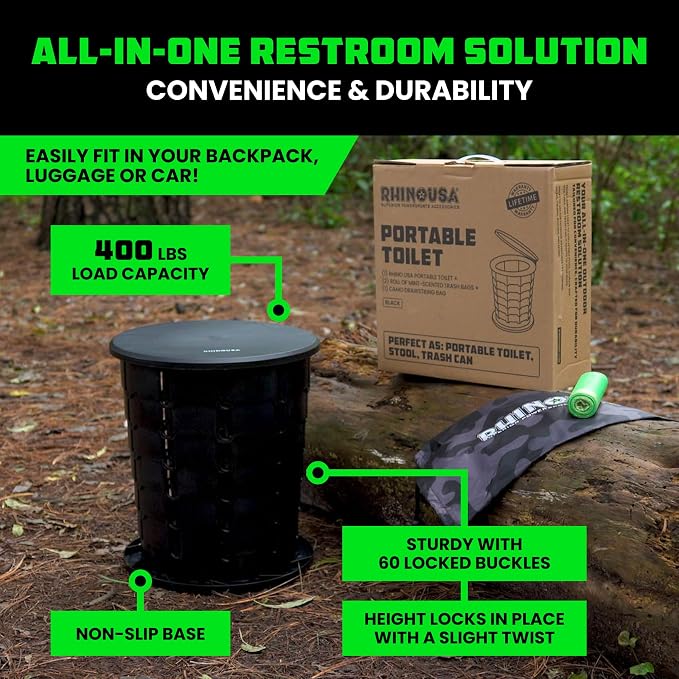 Rhino USA XL Portable Toilet for Camping (400lb Capacity) - Adjustable | Retractable, collapsible design. Adjustable height 4-16in. For adults & kids, camp, RV, boat or car use. Black
