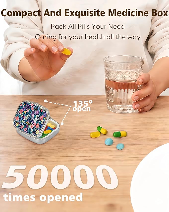 LRITER Pill Case, 2 Compartment Portable Small Travel Pill Organizer for Purse and Pocket, Stylish Medicine Case with Multiple Patterns, Daily Pillbox for Home & Travel (Colorful Flowers)