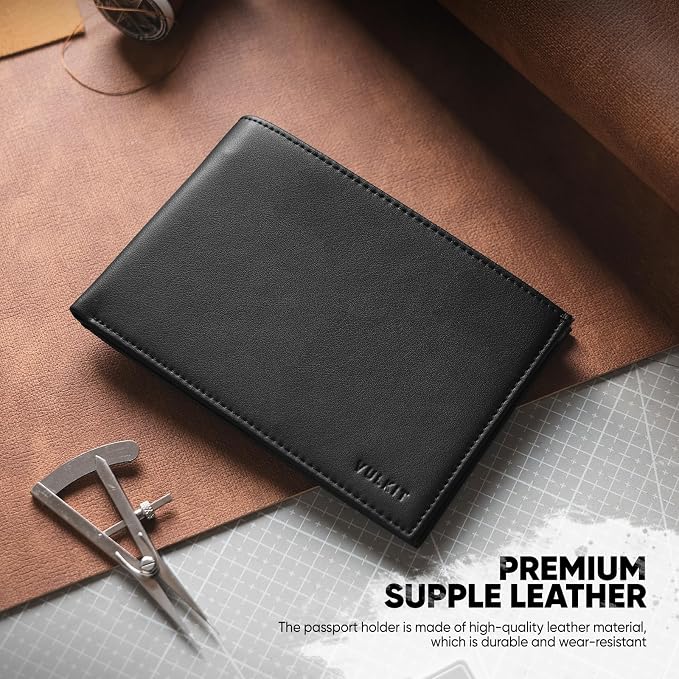 VULKIT Bilfold Passport Holder Leather RFID Blocking Passport Wallet with Hidden Pocket Slim Travel Documents Organizer for Men or Women (Passport, Card, Cash, Coin, SIM Card, Ticket)