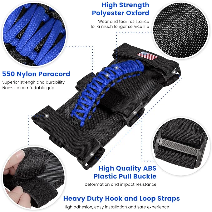 Roll Bar Grab Handles Grip Handle for Jeep Wrangler JK JKU JL JLU TJ YJ Sport Sahara Freedom Rubicon Unlimited Gladiator JT 1955-2023 UTV ATV Accessories Premium Paracord US Flag (Blue 2 Pack)