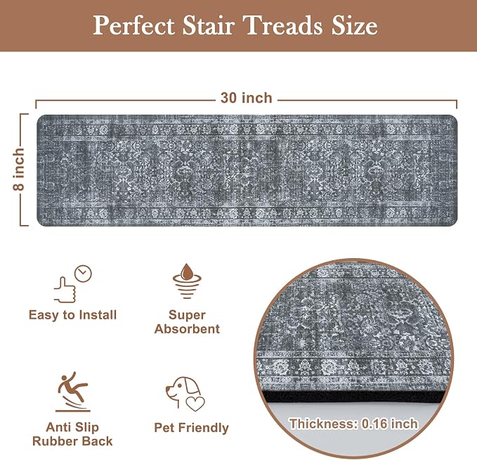 OJIA Stair Treads Non-Slip Stair Runner for Wooden Steps 15PC 30"x8" | Vintage Carpet Stair Treads for Wood Steps Indoor Stair Mat Staircase Step Treads for Kids, Elders, Dogs, Stair Covers, Gray