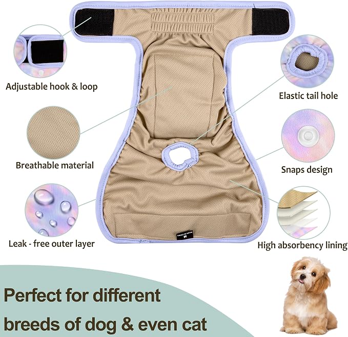 3 Pack Female Dog Diapers - Reusable Diapers for Doggie in Heat - Highly Absorbent Dog Diapers Female for Pet Incontinence with Adjustable Snaps (Tie Dye, S)