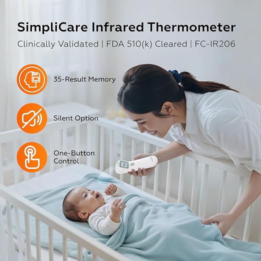 Baby & Adult Forehead Thermometer, Non-Contact, FDA Cleared | 1-Second Infrared Reading, +/-0.4F Accuracy, Dual-Mode Forehead & Object, LED Fever Alert, 35-Memory, AAA Batteries Included