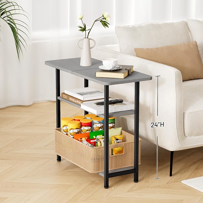 SLEEPING LAMB Side Table for Living Room, 3-Tier End Table for Small Space with Wide Storage Tabletop, Narrow Nightstand for Bedroom, Sofa Couch, Grey