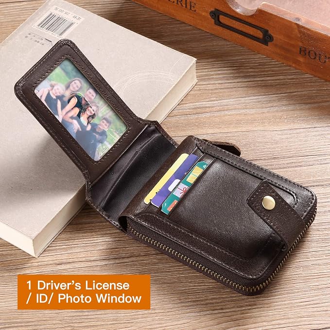 GOIACII Zipper Wallet for Men Genuine Leather RFID Blocking Mens Wallet with Zipper Coin Pocket ID Window Zipper Wallets Large Capacity