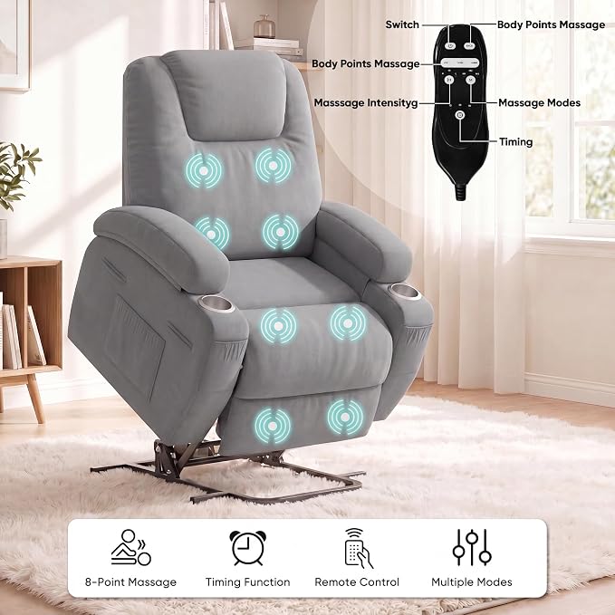 Flamaker Power Lift Chair Massage Recliner Chairs for Elderly | Ergonomic Lift Recliner Design with Cup Holders & Side Pockets, Remote Control (Gray)