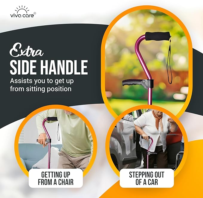 VIVA CARE Walking Cane with 4 Prongs and Extra Side Handle – Adjustable, for Balance & Stability for Adults, Seniors, and Injured.
