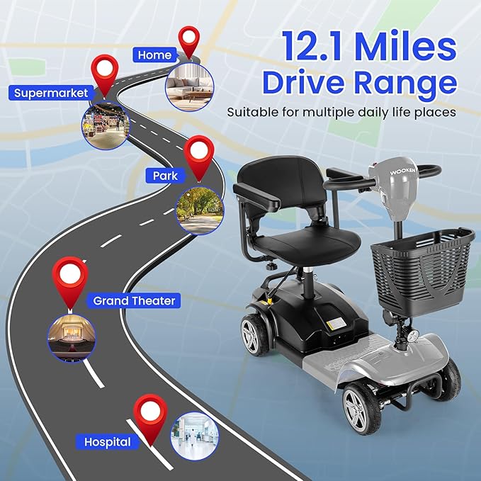 Wooken Mobility Scooters for Seniors, Adults, 4 Wheels Foldable Powered Mobility Scooter 264 lbs All Terrain, Compact Heavy Duty Electric Powered Wheelchair with Seat for Travel, Smart Safety System