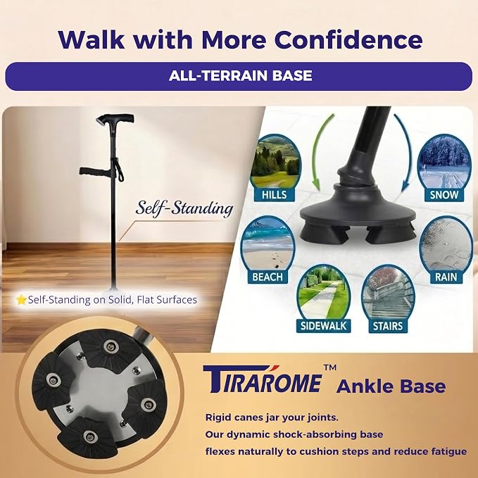 Walking Cane for Men & Women, 3-in-1 Folding Cane with Alarm and Light, Adjustable, Collapsible Walking Stick for Seniors Balance with a Second Handle