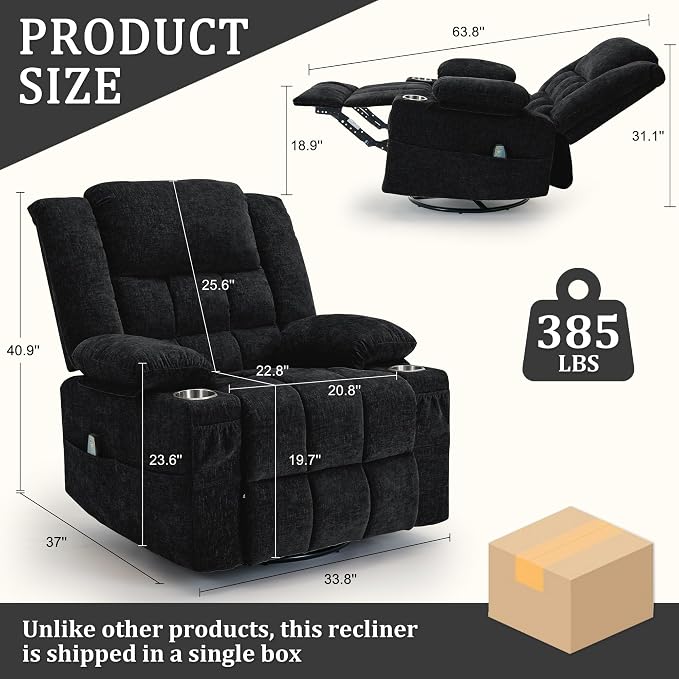 Korser 360° Swivel Rocker Recliner for Adult, Nursery Glider Recliners with Massage & Heating, Rocking Chair with Cup Holder, Manual Recliner Chair for Living Room, Bedroom (Black)