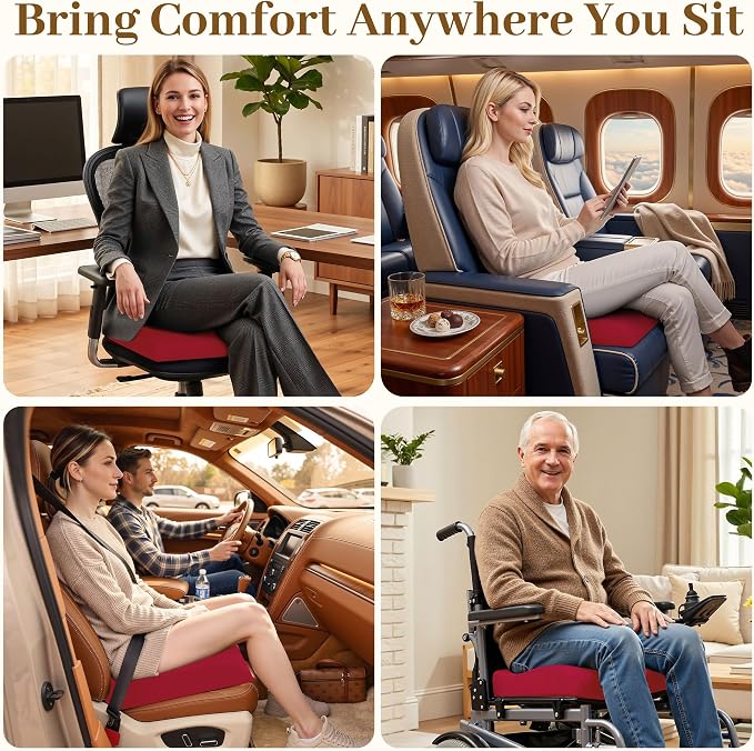 TranquilRelax Memory Foam Seat Cushion for Office Chair, 3-Inch, Red | Medium-firm Support for Long Sitting, Washable Mesh Cover, Non-slip Base, Perfect for Car Seats & Short Drivers