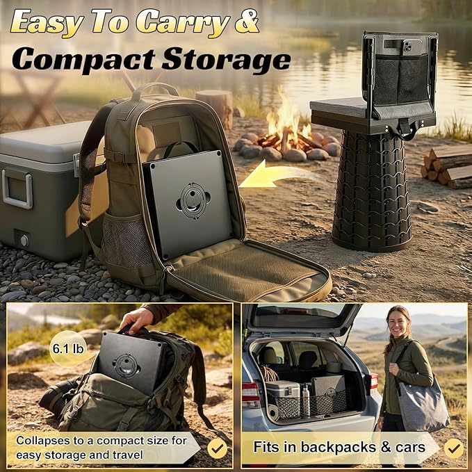 Upgraded Collapsible Stool with Backrest & Extra Thick Cushion,1000lbs Max Weight,Heavy Duty Portable Folding Outdoor Chair with Dual Storage Pockets,Telescoping Seat for Camping,Fishing & Travel,Yard