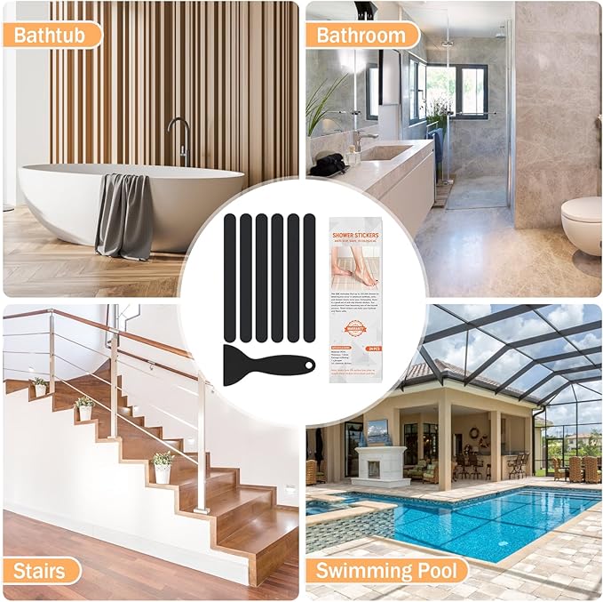 Non Slip Bathtub Stickers, 24 PCS Shower Stickers for Safety Bathroom Tubs, Bathtub Non Slip Stickers and Adhesive Decals Scraper for Bath Tub, Shower Floor, Stairs, Ladders(Black)