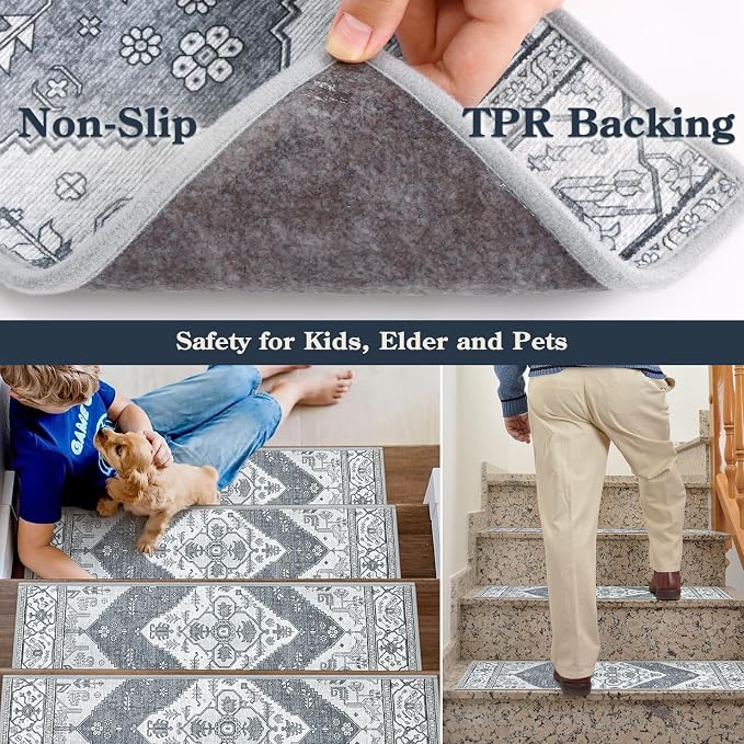 Lahome Non Slip Stair Treads Indoor 15 Pack 8" X 30" Carpet Treads for Wood Stairs, Washable Self Adhesive Stair Runners Stain Resistant Staircase Super Grippy Surface for Dogs & Seniors Dorie, Grey
