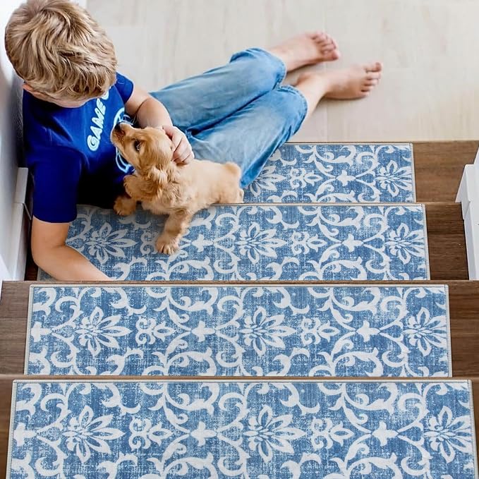Lahome Carpet Stair Treads Non Slip, 15 Pack Stair Treads for Wooden Steps | 8"X30", Rubber Backing Soft Washable Stairway Stair Runners Staircase Rugs for Kids Pets Elders(15pc Blue)