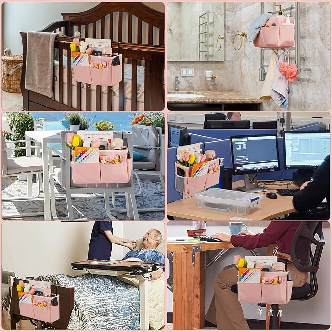 Bedside Caddy Organizer 5 Pockets and 4 Hooks for Bunk Bed Pink | Hanging Storage Bag for Headboards