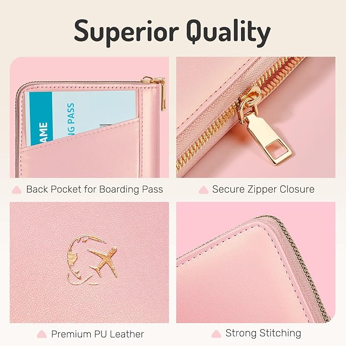 Forvencer Safe Zipper Passport Holder Cover, Passport Wallet for Travel | Cute RFID Blocking Passport Book, Waterproof Travel Accessories for Women, Rose Gold