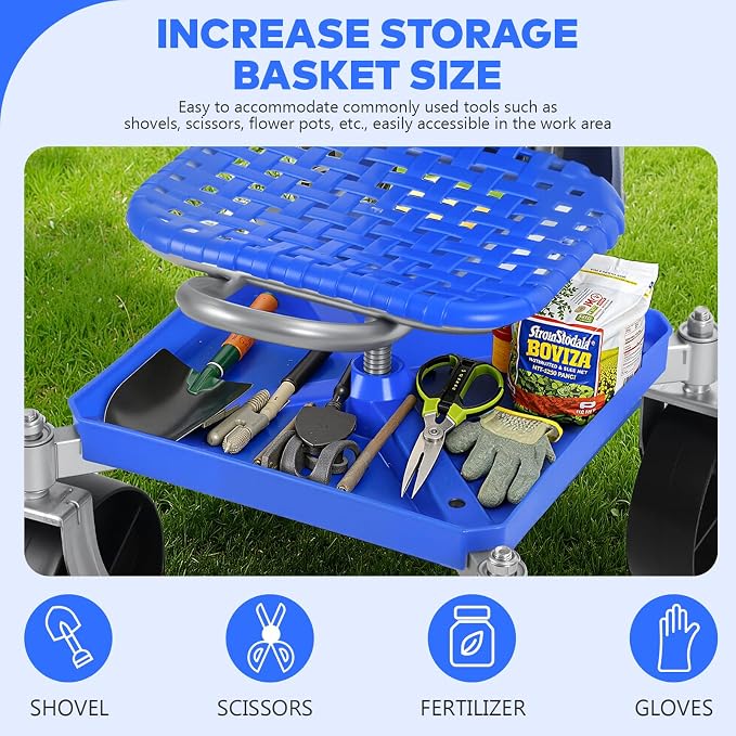 Rolling Garden Seat with Wheels, Adjustable Garden Scooter Stool with Backrest,Garden Cart with Tool Storage Tray & Backpack, Gardening Work Seat for Weeding, Planting, Yard Work (with Wrench)