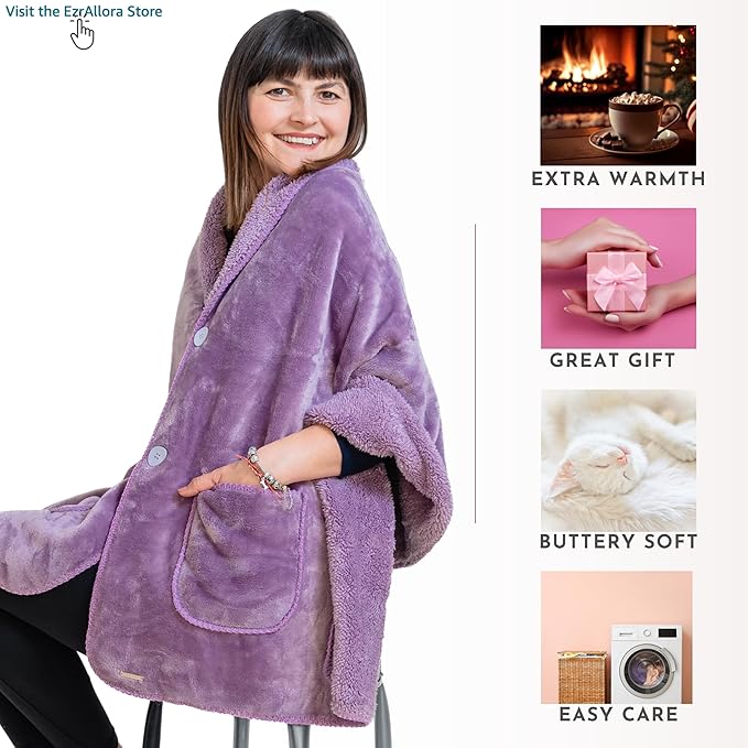 Premium Double Layer Wearable Blanket for Women - Drape and Go No Sleeves- Shawl Wrap with Pockets - Grandma Mom Gifts for Her (Velvet Lavender)