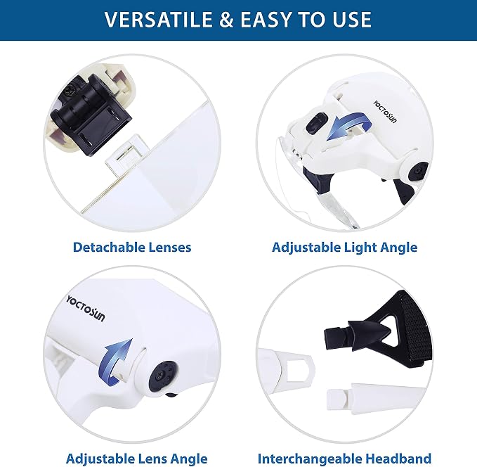 YOCTOSUN Magnifying Glasses with Light, LED Head Magnifier with 5 Lenses, Headband, Storage Case, Hands Free Lighted Head Magnifying Visor for Close Work Hobby Crafts