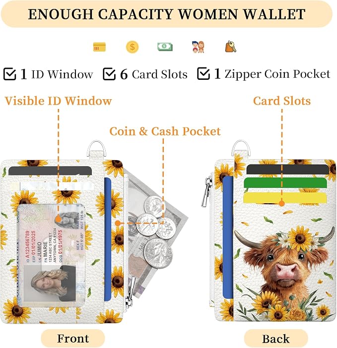 Hancynir Highland Cow Credit Card Holder Small Wallet Women, Cute Slim RFID | Sunflower Zipper Keychain Wallet, Thin Travel Coin Pocket, PU Leather, Minimalist Card Case, 6 Card Slots, Ladies Women Gifts