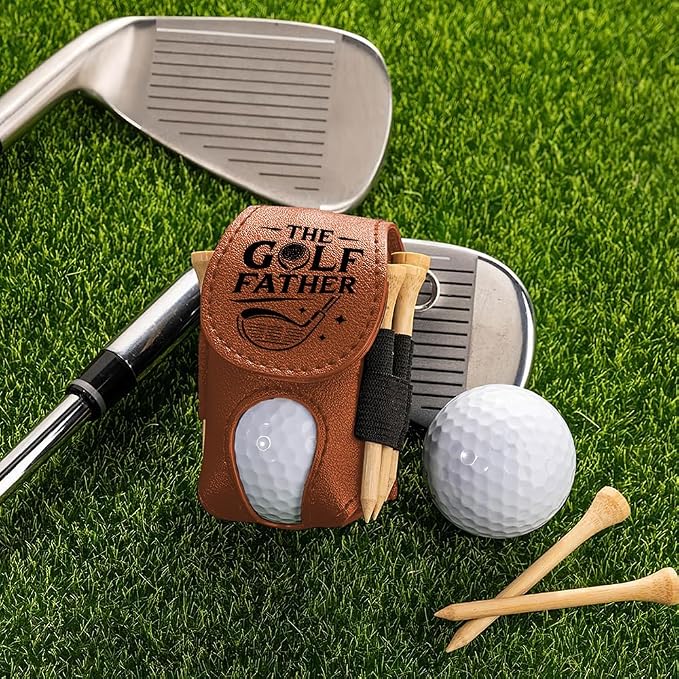 Wrappiness The Golf Father Golf Ball Bag - Golfer Accessories for Men Premium Leather Holder with Clip - Custom Golf Tee Pouch Unique Gift for Dad
