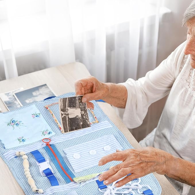 Preboun Fidget Blanket for Dementia Calming Comforting Dementia Activities Sensory Busy Blanket Gifts for Adults Seniors Elderly Alzheimers Autism, 20 x 12 Inches