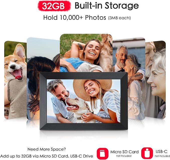 Frameo 10.1" Digital Picture Frame WiFi, 1280 * 800 IPS HD Touchscreen, 32GB Storage, Instant Share Pictures Video, Smart Photo Frame Electronic, Gifts for Mom, House Warming