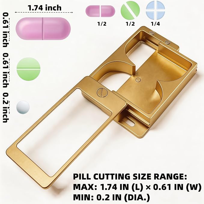 Professional Pill Cutter & Splitter - Precision Aluminum Tablet Slicer for Small, Large & Tiny Tablets | Cortador for Accurate Medicine & Vitamin Doses (Gold)