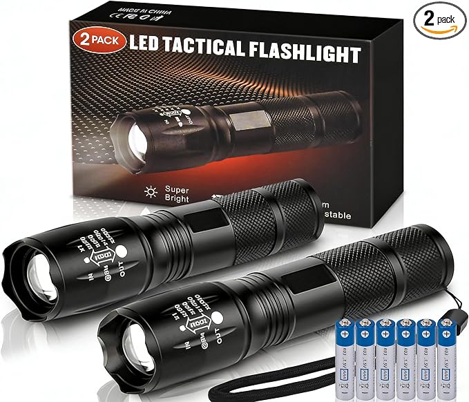 Zoomable LED Flashlights with 5 Modes 2Pack Christmas Stocking Stuffers Birthday Gifts for Men Him Dad Included Batteries Bright Tactical Torch High Lumens Outdoor Fishing Hiking Camping Essentials