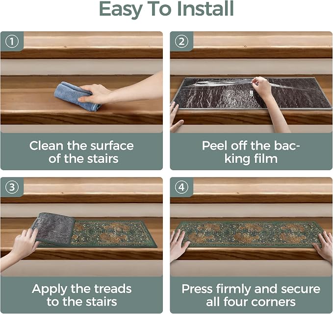 SARBEN 8"x30" Non Slip Stair Treads for Wooden Steps 15 Pack, Green Tiger | Peel and Stick Carpet Stair Runner with TPE Adhesive Backing, Carpet for Added Safety, Pet and Senior Friendly