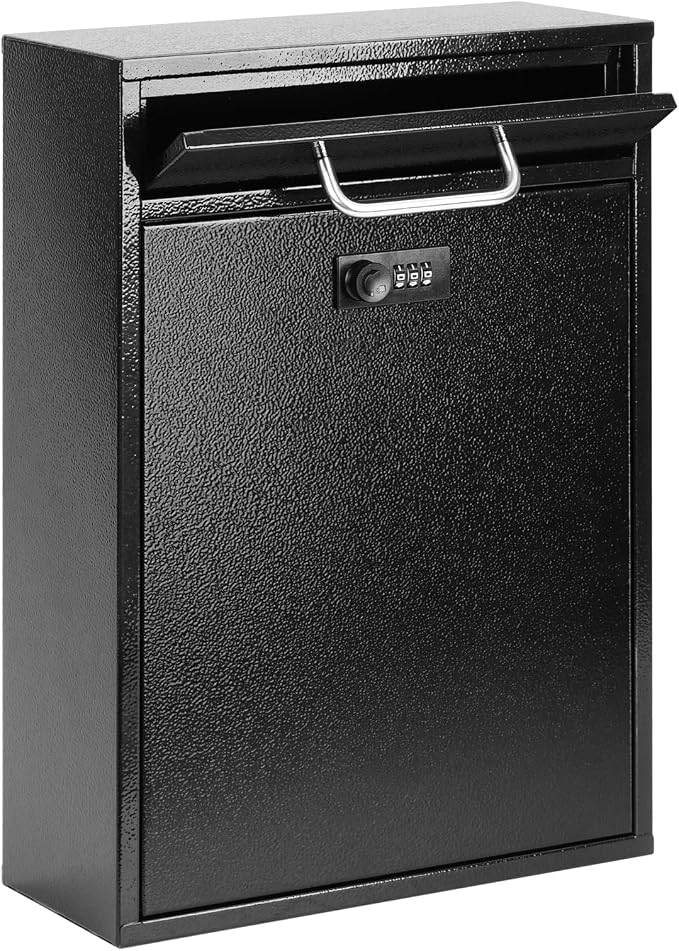 KYODOLED Wall Mount Mailbox for Outside, Combination Lock, X Large, Black | Sturdy Steel, Anti-theft Large Drop Box, Ideal for Home, Office, School Daily Mail/Key/Cash Storage, 16.2H" x 11.2L" x 4.6W"