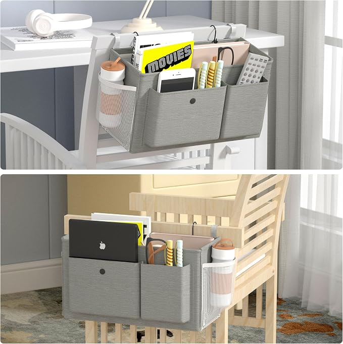 Bedside Caddy Bedside Storage Hanging Organizer for Bunk Dorm Bed Rail | Bed Caddy with Hooks, Top Bunks and Dorm Essentials for Water, Tissues, Tablets, Books, Phones, Remotes and Other Necessories
