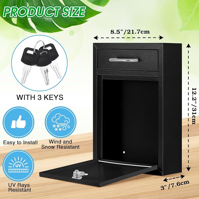 Yaocom Locking Mailbox with Key for Outdoor 12.2 x 8.5 x 3 Inches Large Wall Mount Mail Box with Lock Security Mail Drop Metal Collection Boxes Hanging Secure Postbox(Black)