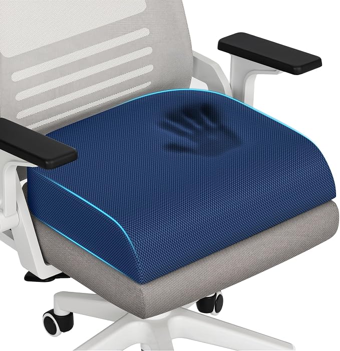 TranquilRelax Memory Foam Seat Cushion for Office Chair, 3-Inch, Blue | Medium-firm Support for Long Sitting, Washable Mesh Cover, Non-slip Base, Perfect for Car Seats & Short Drivers