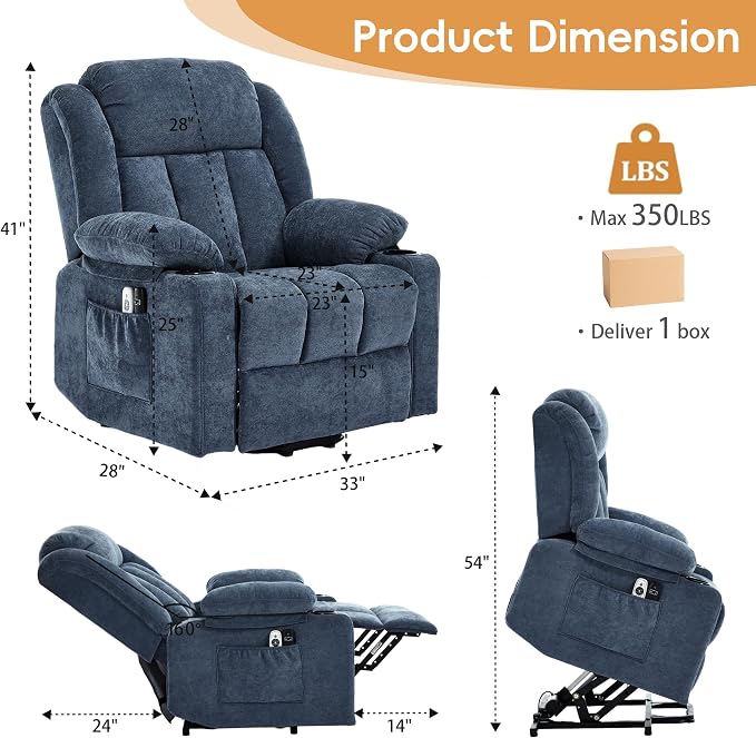 Power Lift Recliner for Elderly,Electric Recliner Chair with Massage & Heating for Adults, USB Charging, Cup Holders, Side Pocket, Living Room Sofa L1288 (Navy Blue)