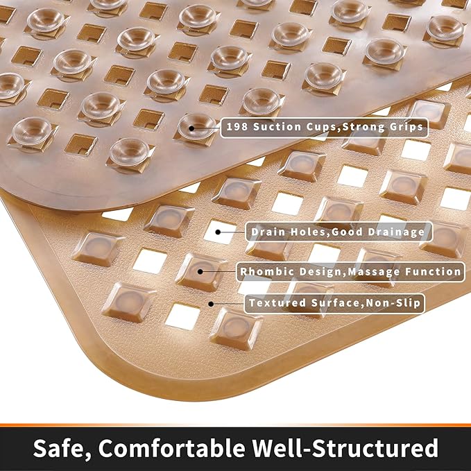 Yimobra Bathtub Mat Non Slip, Super Strong Suction Cups, 27.5"x15.5" Long Shower Mat with Drain Holes, Machine Washable Fast Draining Bath Mats, Bathroom Essentials,Clear Brown