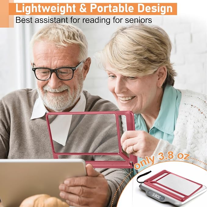 AKKYCVS 5X Full Page Magnifying Glass for Reading, Lightweight Rectangular Magnifier Provides Large Book Page Viewing Area, Handheld Magnifier for Reading Small Prints for Seniors, Low Vision-Red