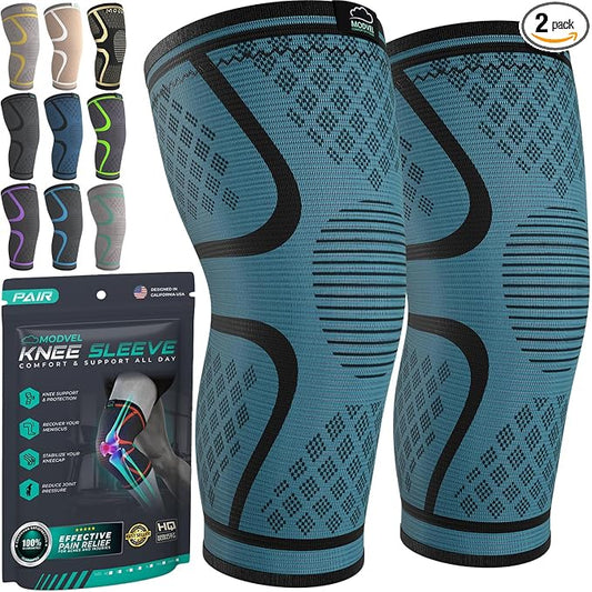 Modvel Compression Knee Brace for Women & Men - 2 Pack Knee Brace for Women Running Knee Pain, Knee Support Compression Sleeve, Workout Sports Knee Braces for Meniscus Tear ACL & Arthritis Pain Relief