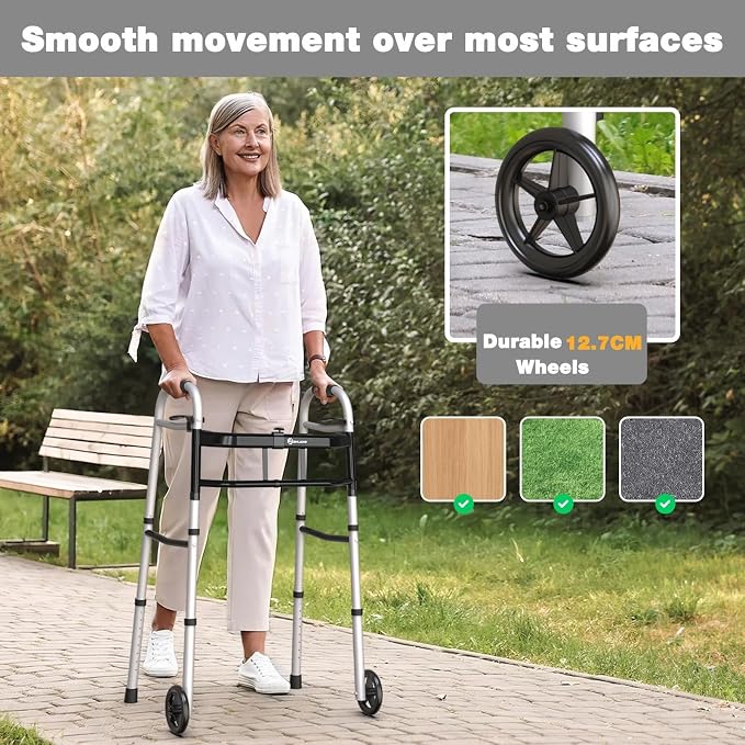 WHLICKS Folding Walkers for Seniors, Lightweight Aluminum Walker with 5'' Front Wheels and 2 Skis, Height Adjustable Standard Walker for Elderly and Disabled, Stable Frame up to 350 lbs
