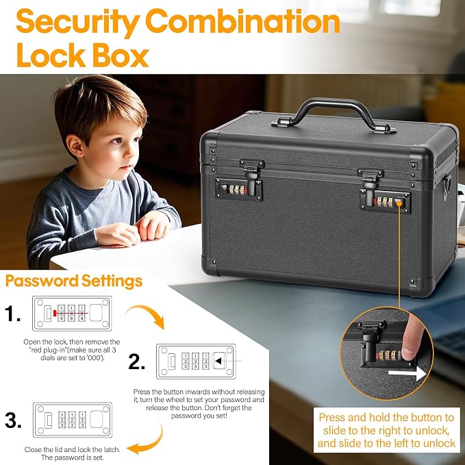 Combination Lock Box, Medicine Lock Box for Medication Storage, Prescription Drugs and First Aid Supplies, Dual Combination Locks, 15.1 x 8.7 x 9.4 Inch X-Large Black