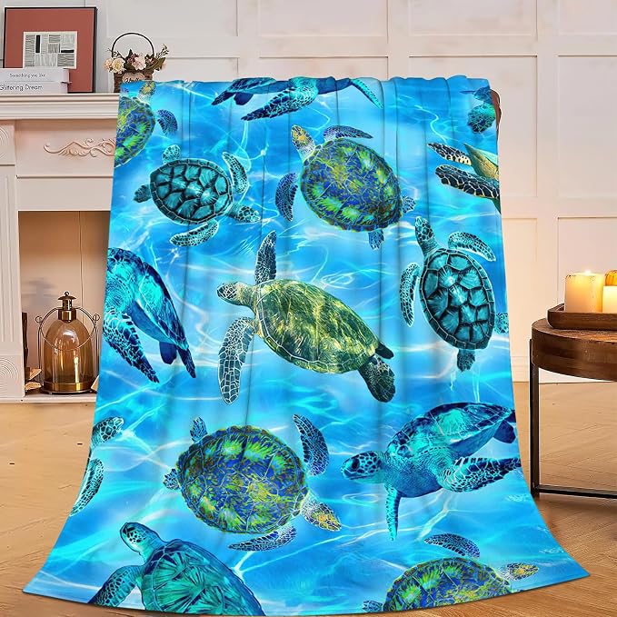 Sea Turtle Flannel Blanket Soft Cozy Nautical Ocean Turtle Fleece Plush Stuff Decor Throw Blanket Warm Sea Turtle Blanket Gifts for Girls Boys Lovers Women Adults Men Kids Bed Travel 50"x60"