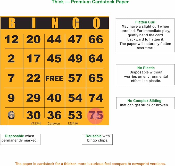 250 Bingo Cards, Large 4.5 x 4.5 Inch, Orange, Paper Bingo Sheets | 8 Color Options, Premium Cardstock, Disposable with Daubers or Reusable with Chips — Proudly Made in USA