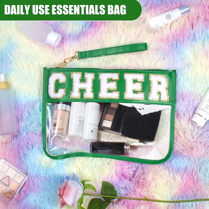 BuyCard Cheer Chenille Letter Bags Clear Makeup Bag, Cheerleader Gifts Cosmetic Bag, Varsity Preppy Patch Flat Pouch Cheer Accessories, Waterproof PVC Organizer Toiletry Bag for Women Girls Green