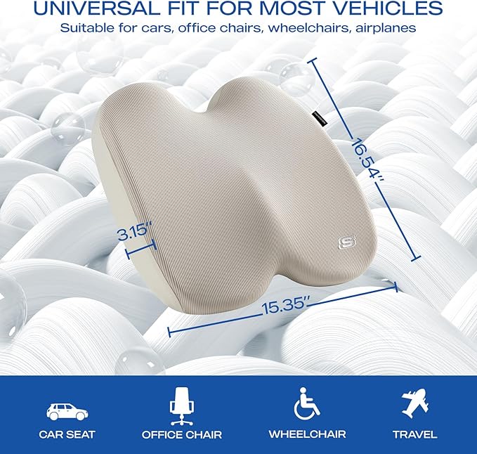 Skechers Seat Cushion, Ergonomic Memory Foam Cushion for Long Sitting Hours on Office & Home Chair, Car Seat Cushion for Sciatica, Coccyx Cushion,Beige