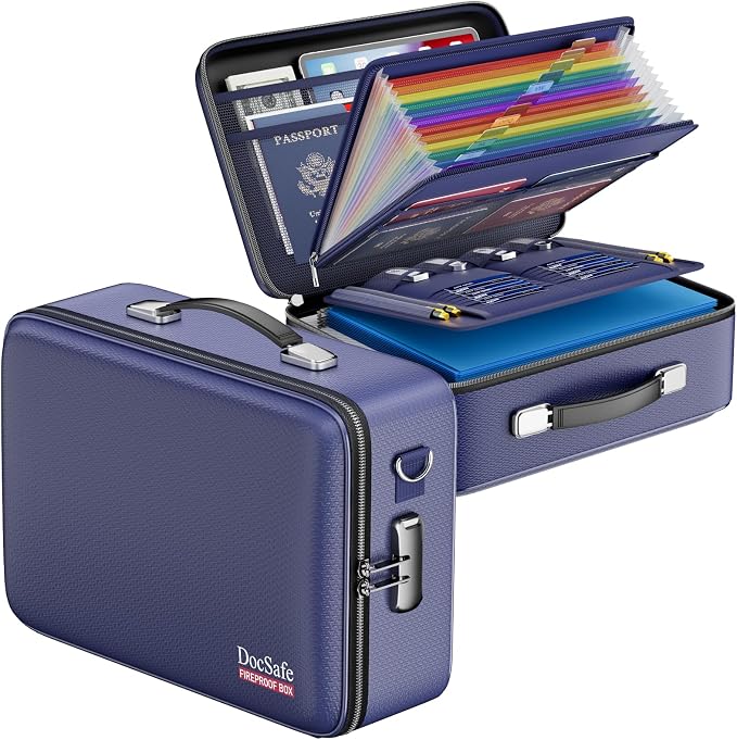 DocSafe Fireproof Document Box Hard Case with Lock ＆ Accordion File Folder | Fire and Water Resistant Safe Box,File Organizer,Multi-Pocket,Home Office Travel Storage for Important Document,Laptop,Blue