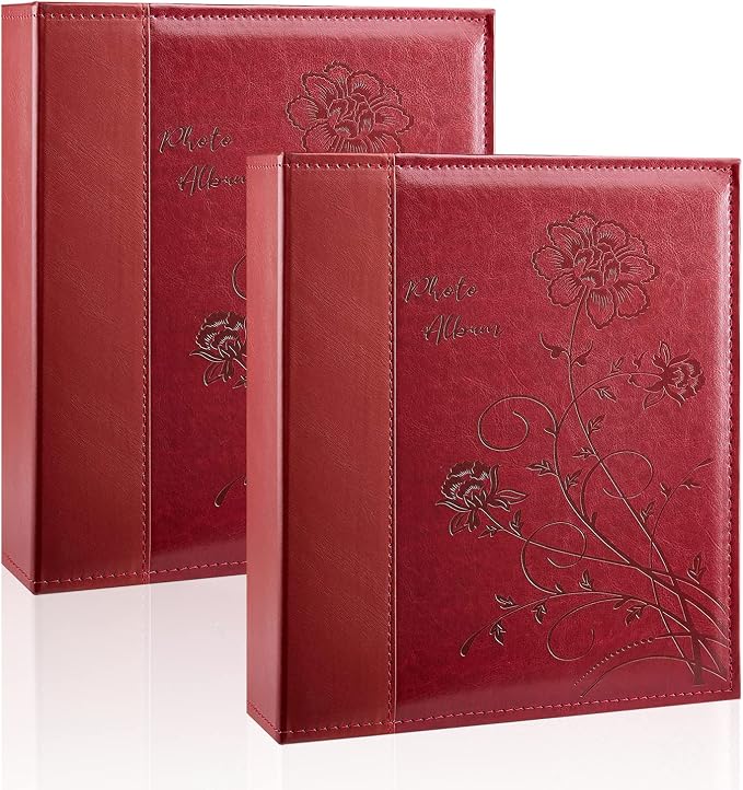 Photo Album 8x10 2 Packs Clear Pages Pockets Leathe Cover Slip Slide in Photo Album Each Holds 100 Vertical 8x10 Photos Picture Book for Wedding Family (Red)